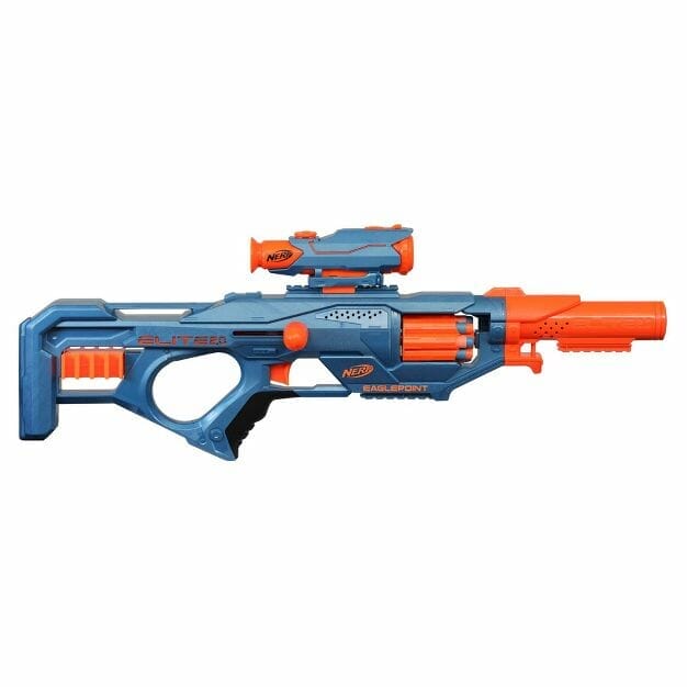 The Nerf 2.0 Eaglepoint is a nerf gun with a trigger on the side and a scope. The scope makes it a super popular blaster for kids around 5 years old when they use it for a nerf gun party hosted by airballingoc.
